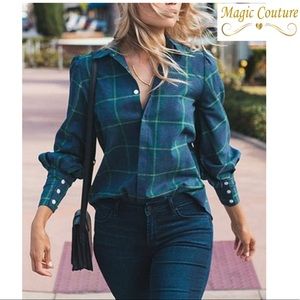 Amaryllis Navy Plaid Cuff-Sleeve Button-Up Shirt💙💚💙